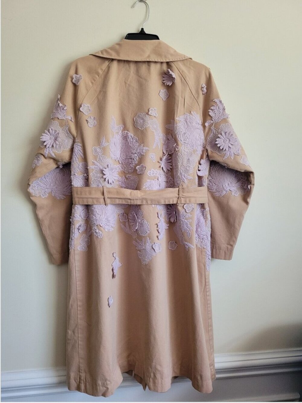 Anthropologie Cotton Embroidered Floral Belted Side Pockets Trench Coat size S - Picture 6 of 10